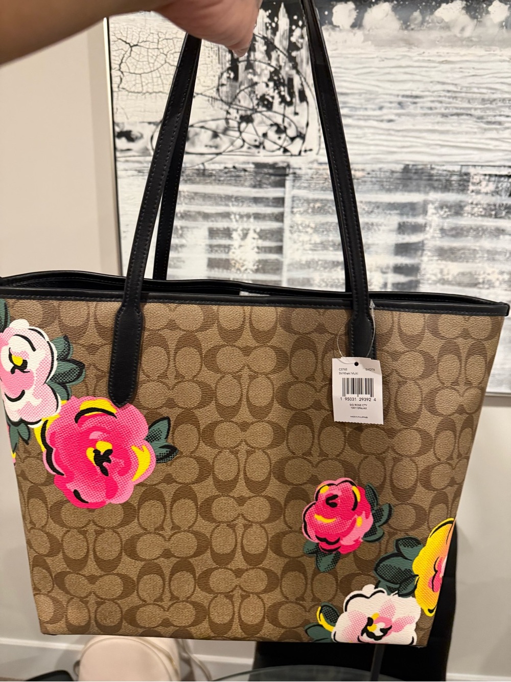 Coach Brown Signature Canvas Tote with Pink Floral Accents - Picture 7 of 9